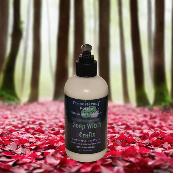Bottle of Soap Witch Crafts product in a forest setting with autumn leaves