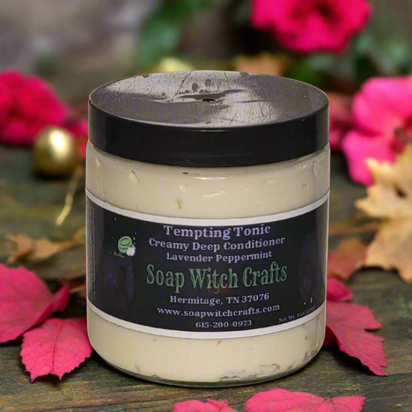 Jar of Tempting Tonic Creamy Deep Conditioner with Soap Witch Crafts label on a leafy background